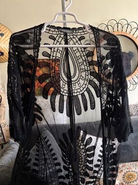 Whimsigoth Mesh Lace Open Cardigan Kimono Duster Black Plus Size 2X
